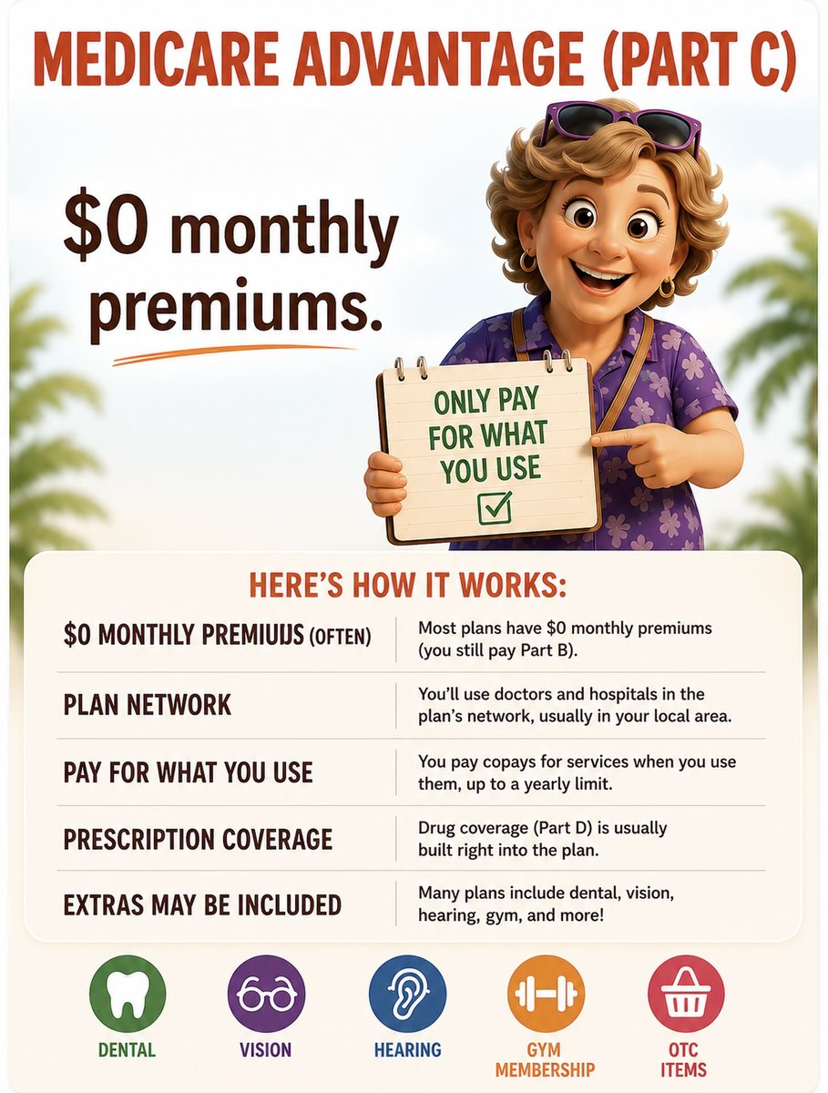 Medicare Advantage, Part C: $0 monthly premiums are common, a plan network, you pay for what you use up to a yearly limit, drug coverage usually built in, and extras often included.