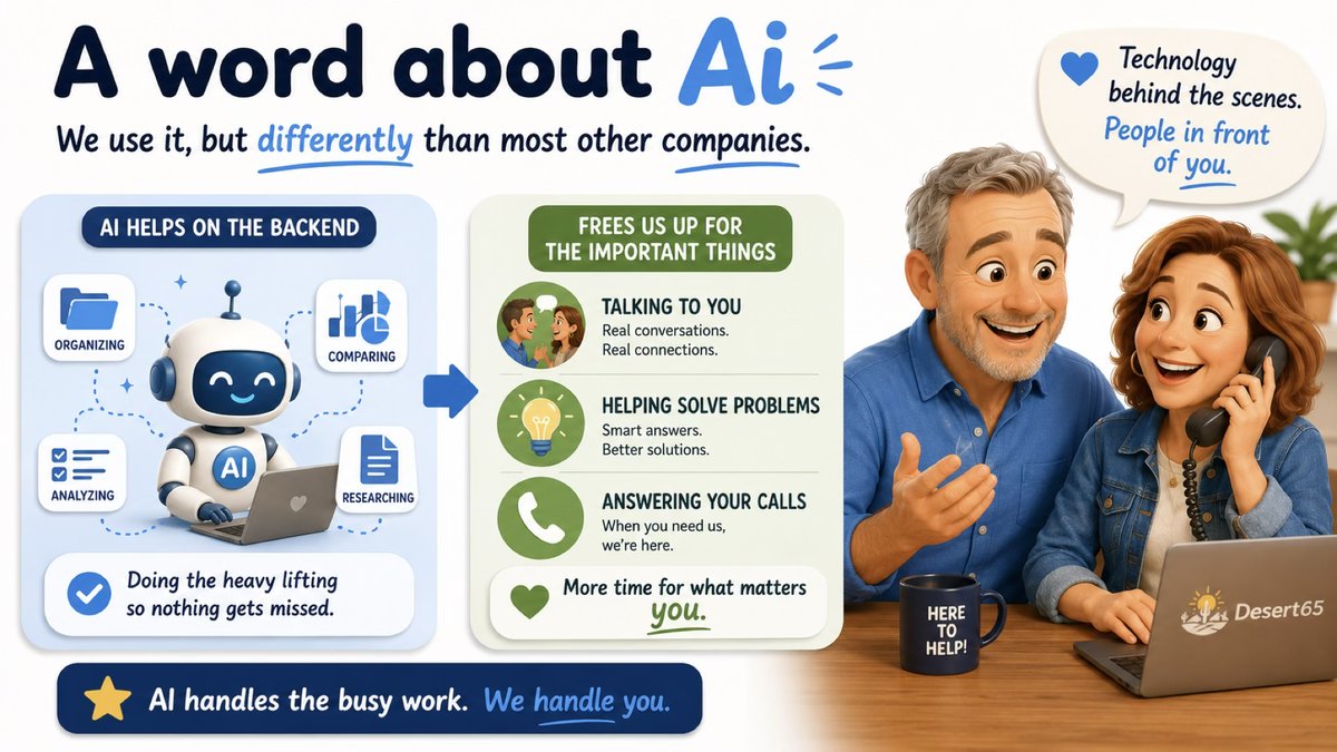 A word about AI: it does the busy work behind the scenes — organizing, comparing, analyzing, researching — which frees us to talk with you, help solve problems and answer your calls.