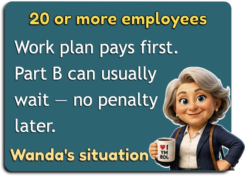 With 20 or more employees, the work plan pays first and Part B can usually wait with no penalty later.