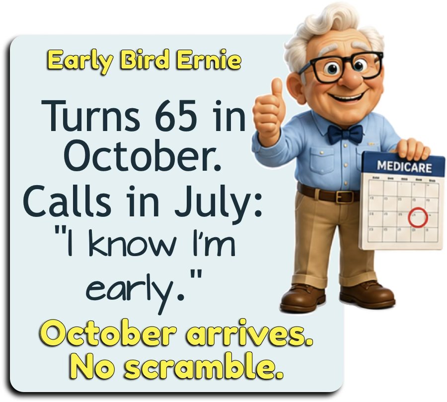 Early Bird Ernie turns 65 in October and calls in July, so October arrives with nothing to scramble for.