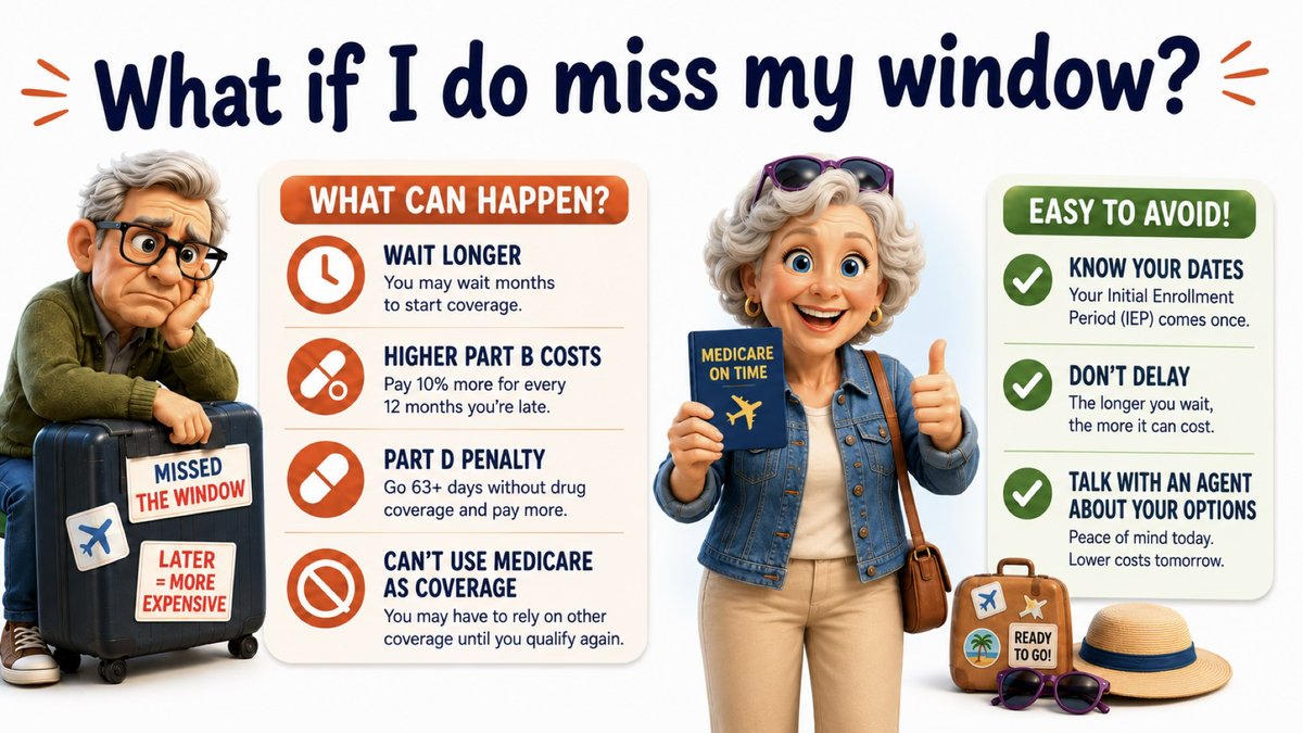 What can happen if you miss your window: wait longer, higher Part B costs, a Part D penalty, and not being able to use Medicare as coverage yet. Easy to avoid: know your dates, don't delay, talk with an agent.