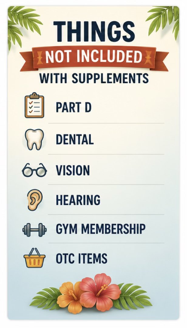 Not included with a Supplement: Part D, dental, vision, hearing, gym membership and over-the-counter items.