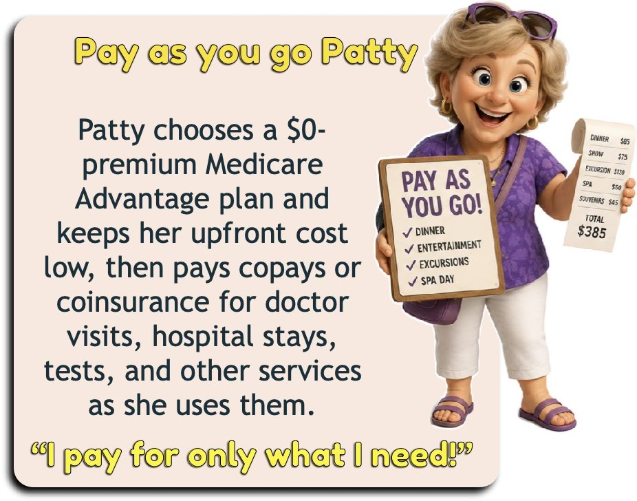 Pay-as-you-go Patty chooses a $0-premium Medicare Advantage plan — low cost up front, then copays as she uses services.