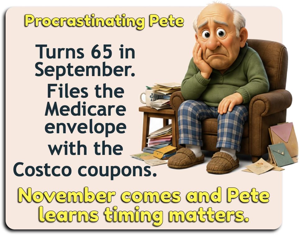 Procrastinating Pete turns 65 in September and files the Medicare envelope with the Costco coupons; in November he learns timing matters.