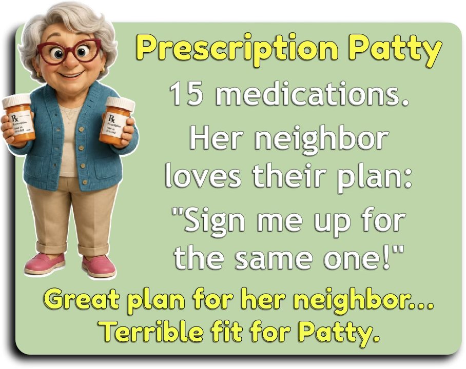 Prescription Patty takes 15 medications and wants her neighbor's plan — a great plan for the neighbor and a terrible fit for Patty.