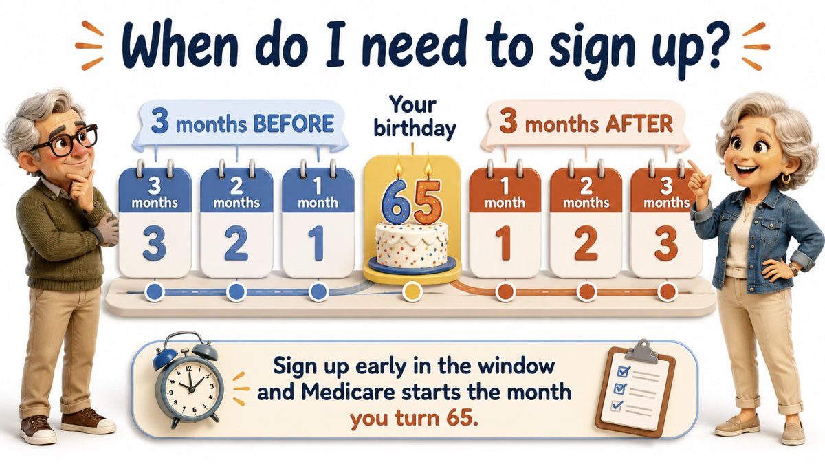 A timeline showing three months before your 65th birthday, the birthday month, and three months after. Sign up early in the window and Medicare starts the month you turn 65.