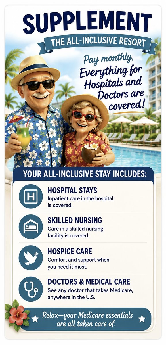Supplement, the all-inclusive resort: hospital stays, skilled nursing, hospice and any doctor that takes Medicare are covered.