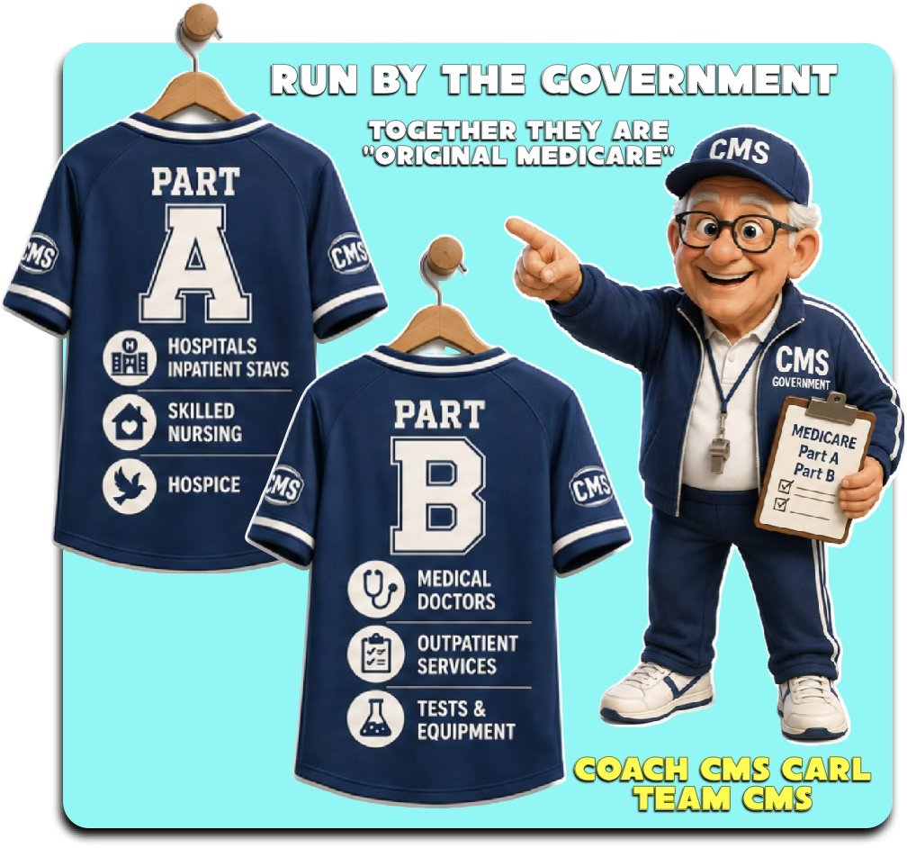 Run by the government: Part A for hospital stays, skilled nursing and hospice, and Part B for doctors, outpatient services, tests and equipment — together, Original Medicare.
