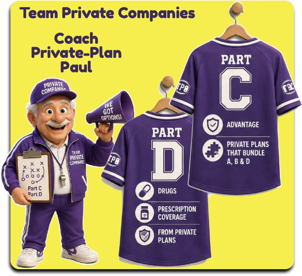 From private companies: Part C, Medicare Advantage plans that bundle A, B and usually D, and Part D, prescription drug coverage.