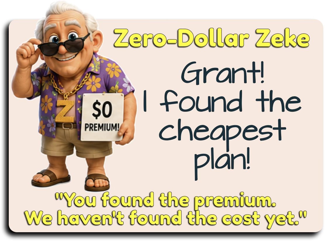 Zero-Dollar Zeke found the cheapest plan — a $0 premium. He found the premium; he has not found the cost yet.