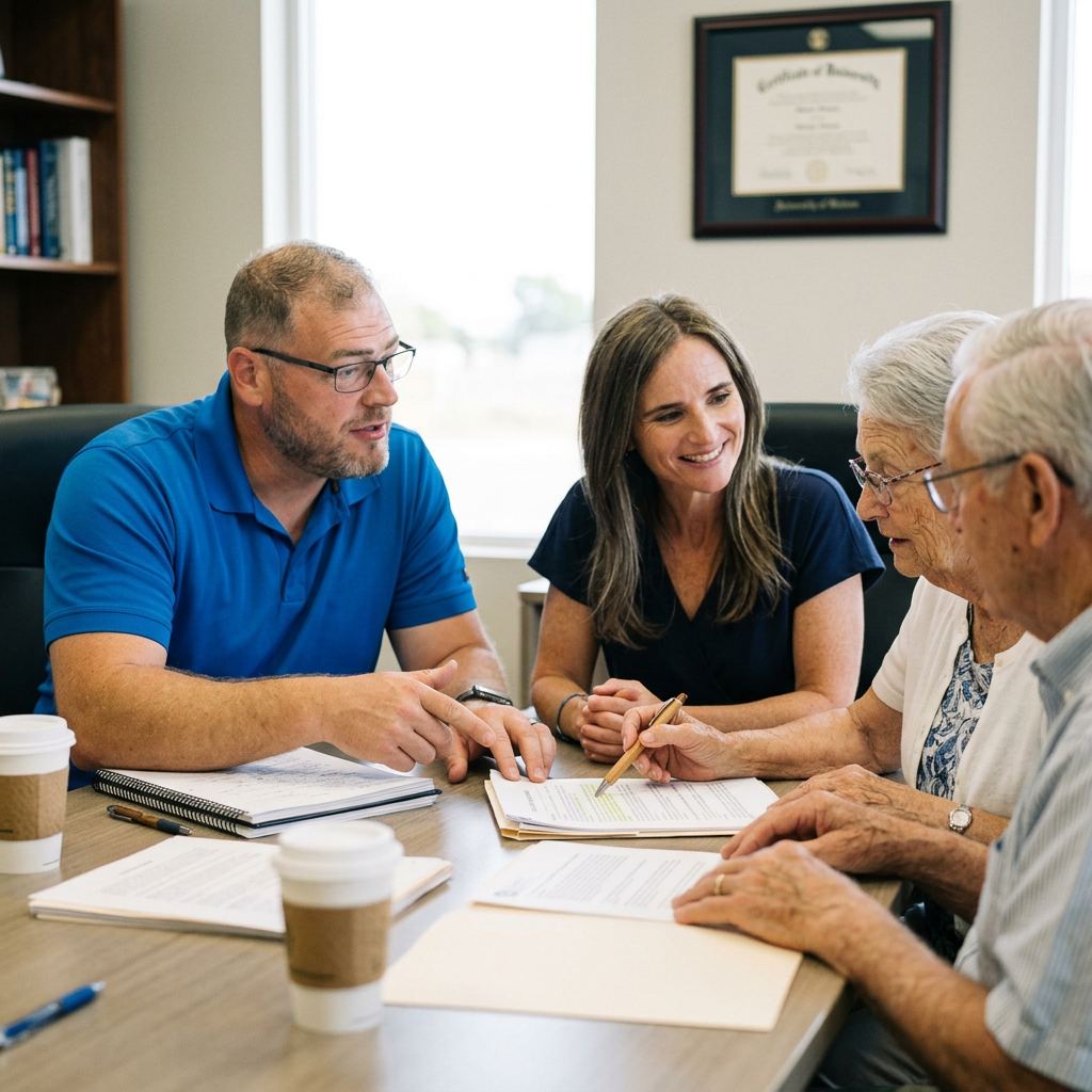 Grant Anderton, founder of Desert65, discussing paperwork with clients