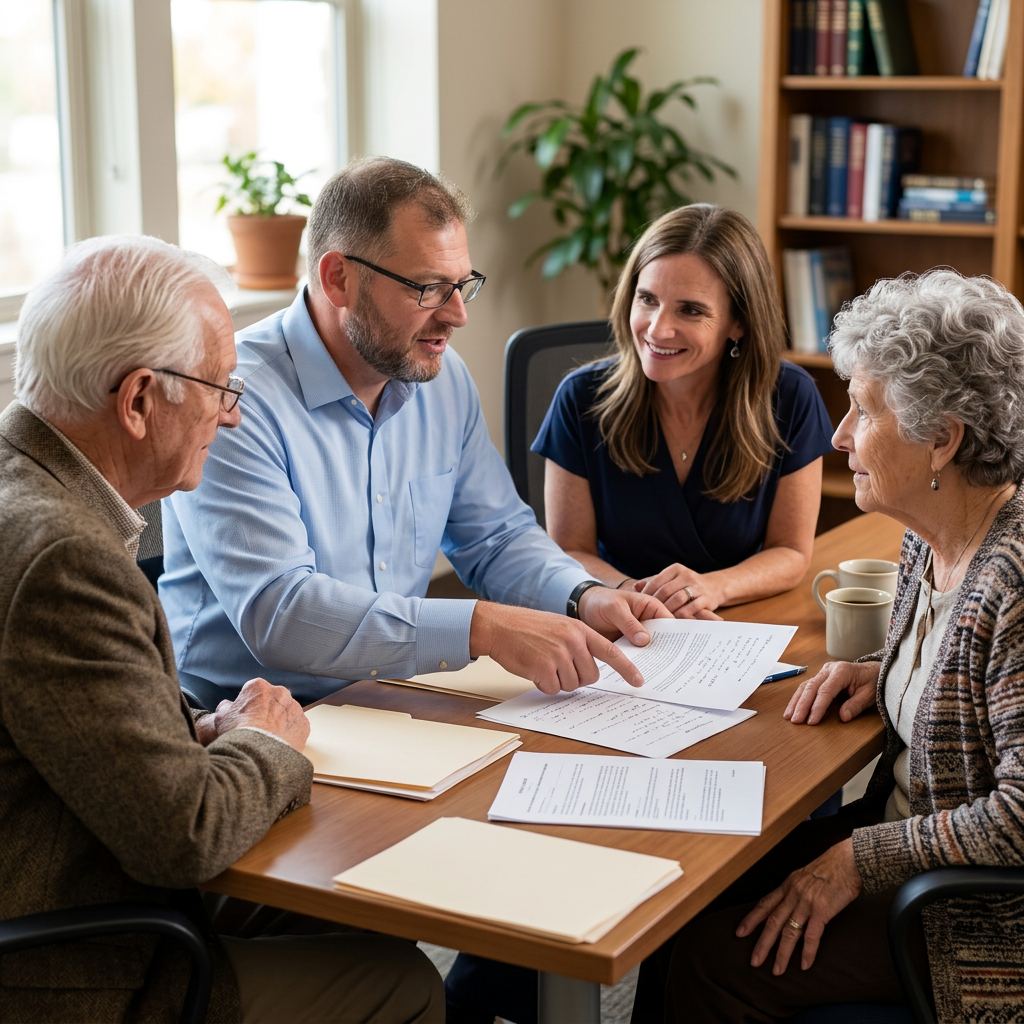 An advisor and a senior couple sitting together, smiling while reviewing documents