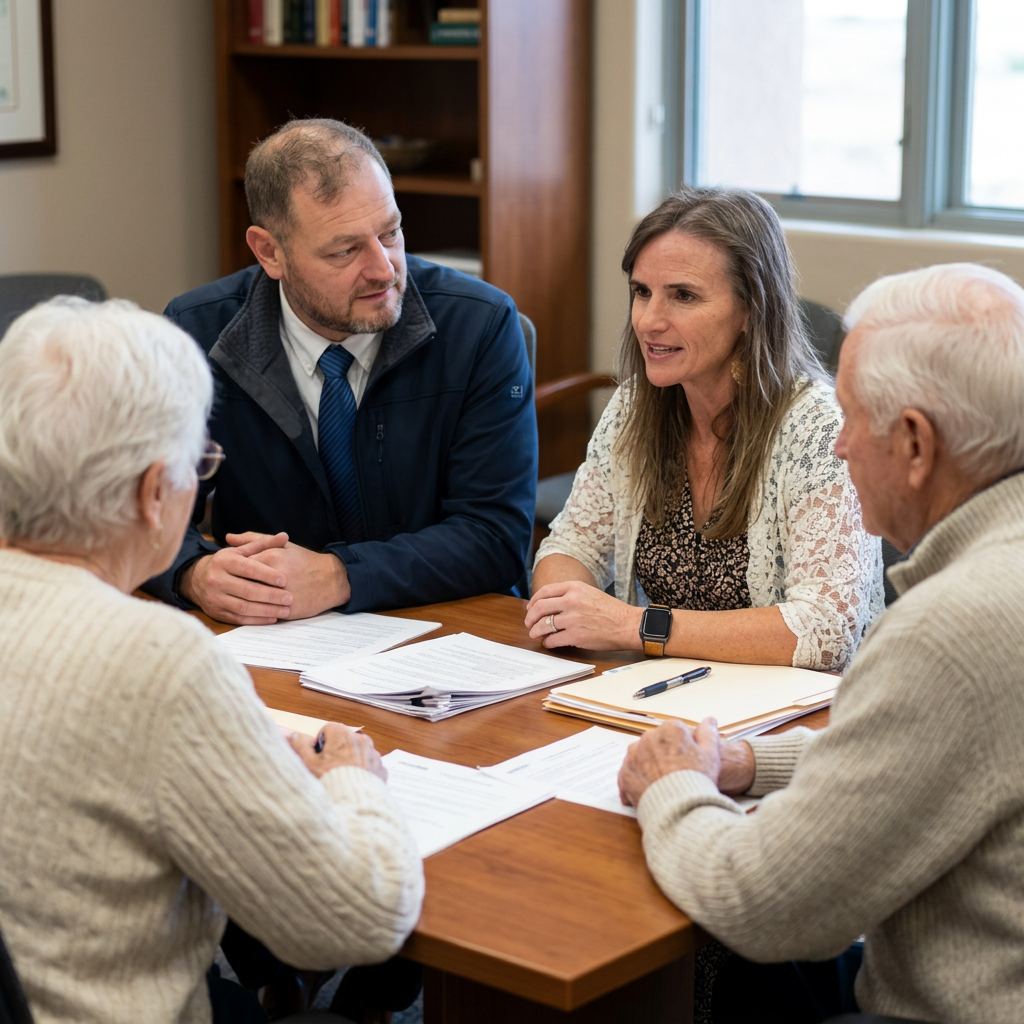 An advisor meeting with a senior couple in a book-lined office