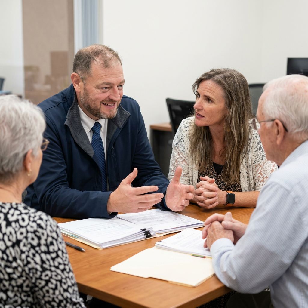 An advisor warmly explaining plan options to a senior client
