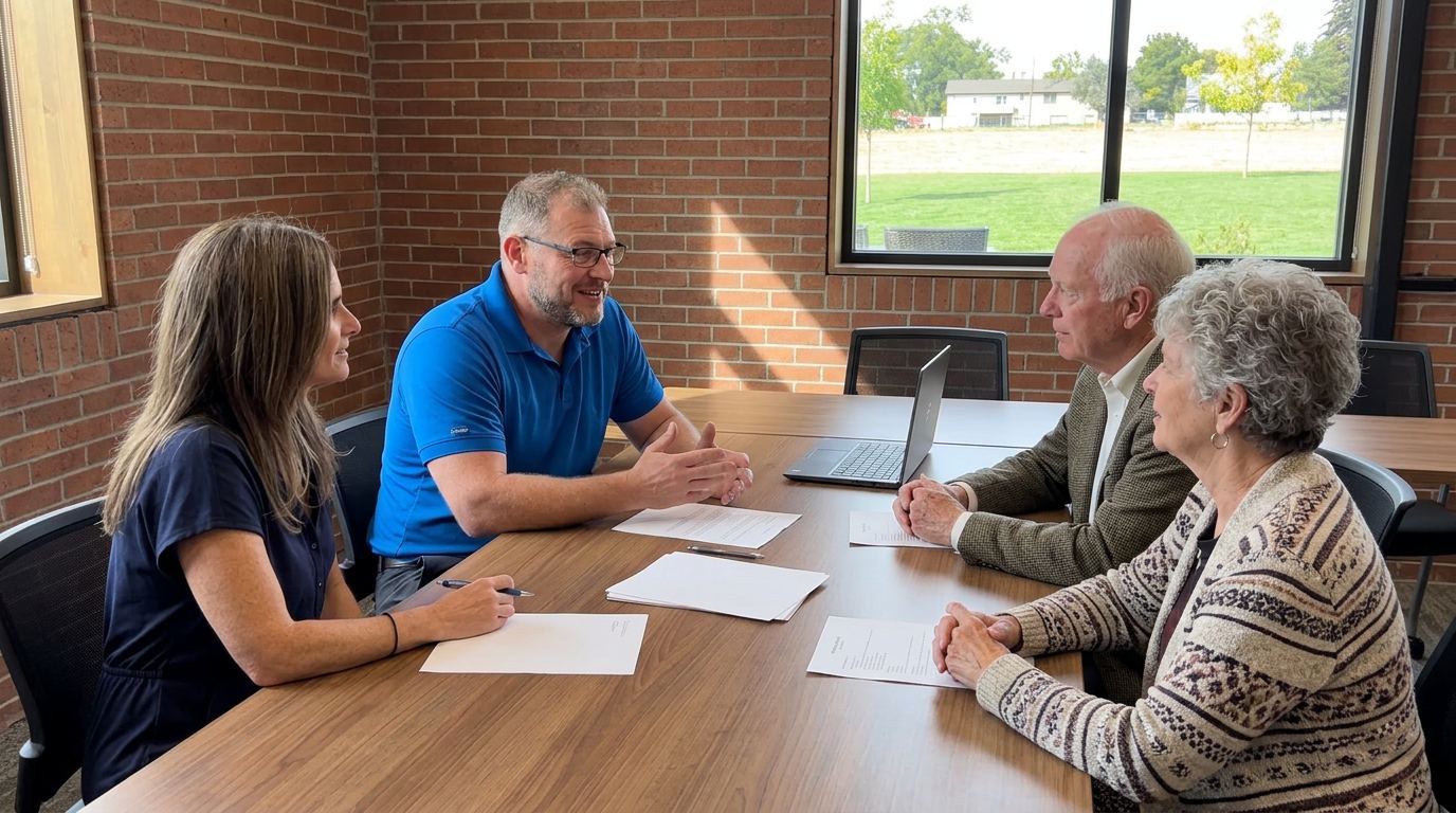 An advisor smiling while talking with senior clients in a bright office