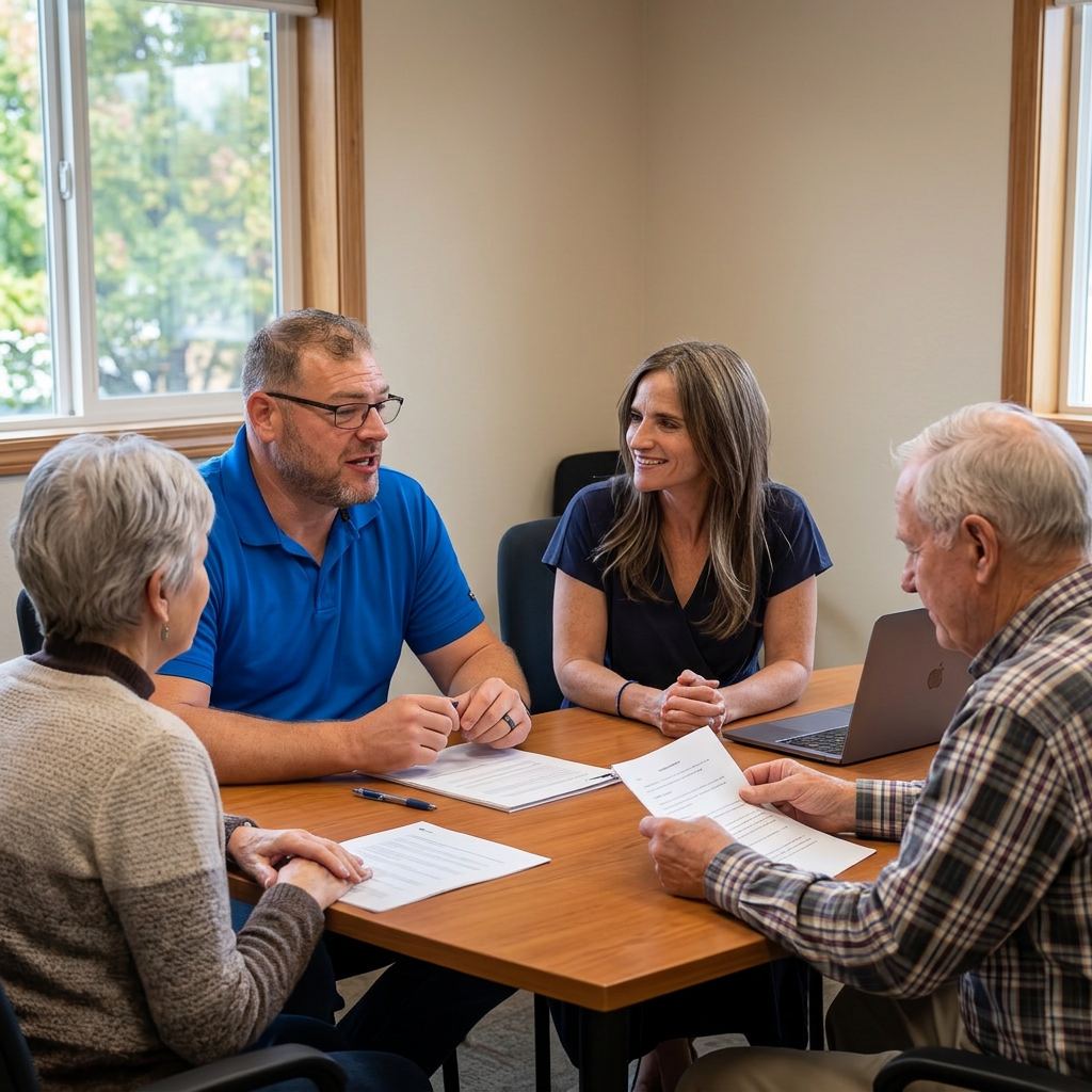 An advisor pointing to a document while meeting with senior clients