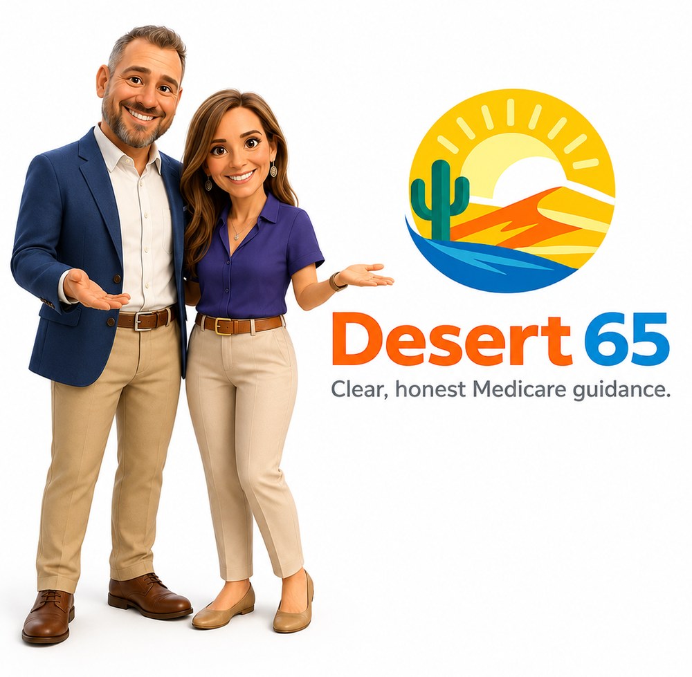 Grant and Stacy Anderton of Desert65 beside the Desert65 logo — clear, honest Medicare guidance