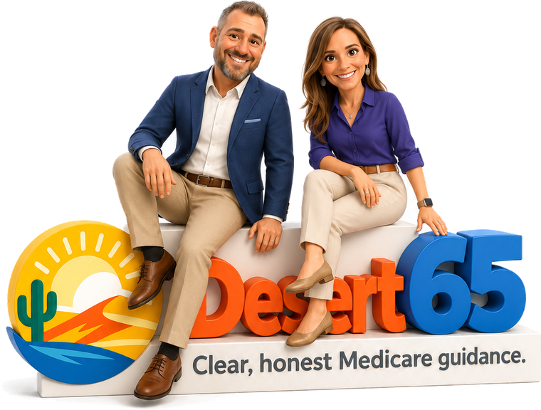 Grant and Stacy sitting on the Desert65 logo