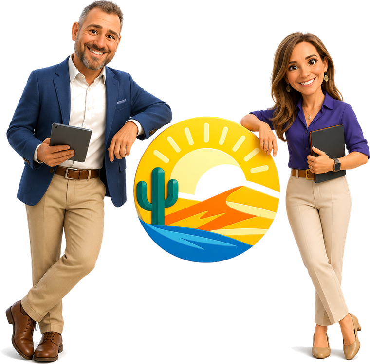 Grant and Stacy standing either side of the Desert65 logo