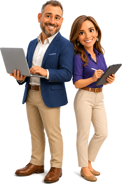 Grant and Stacy looking up plan options on a laptop and tablet