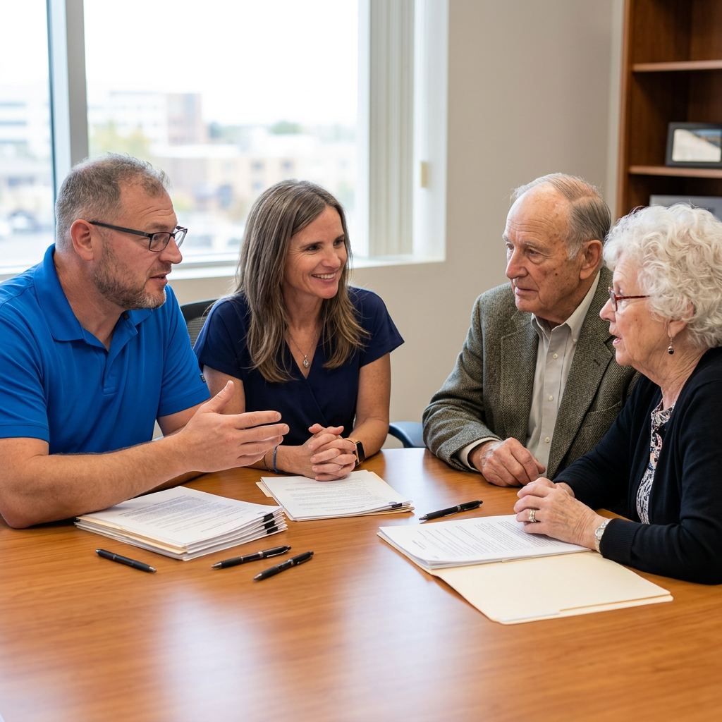 An advisor going over a document with senior clients by a bright window