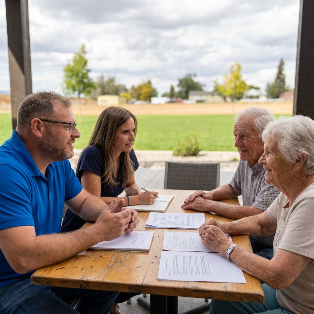 A Desert65 advisor meeting with a senior couple outdoors, reviewing paperwork together at a wooden table
