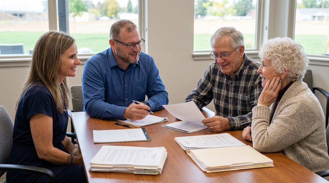 An advisor reviewing plan documents with a senior client in a bright office