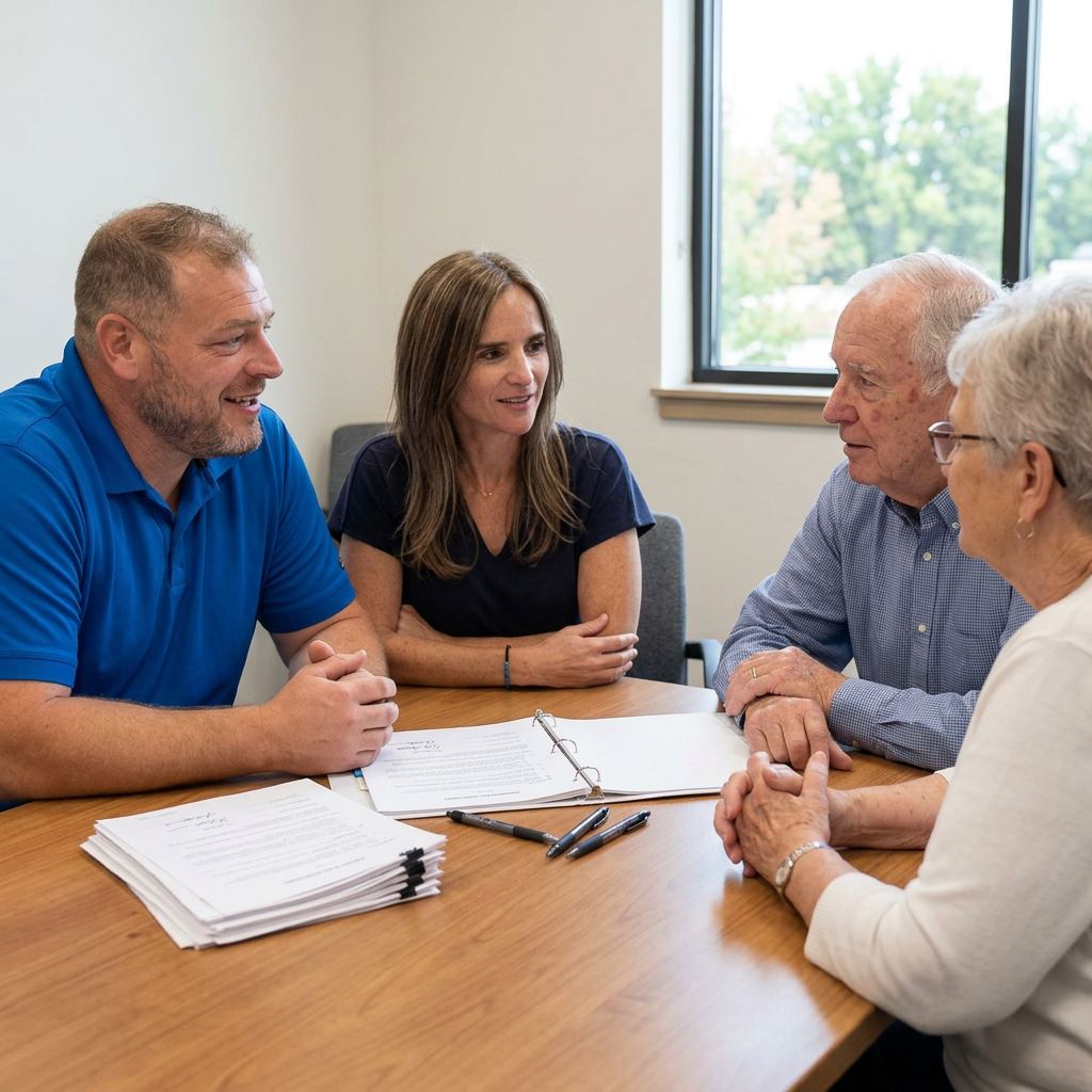 An advisor reviewing a thick binder of plan documents with senior clients