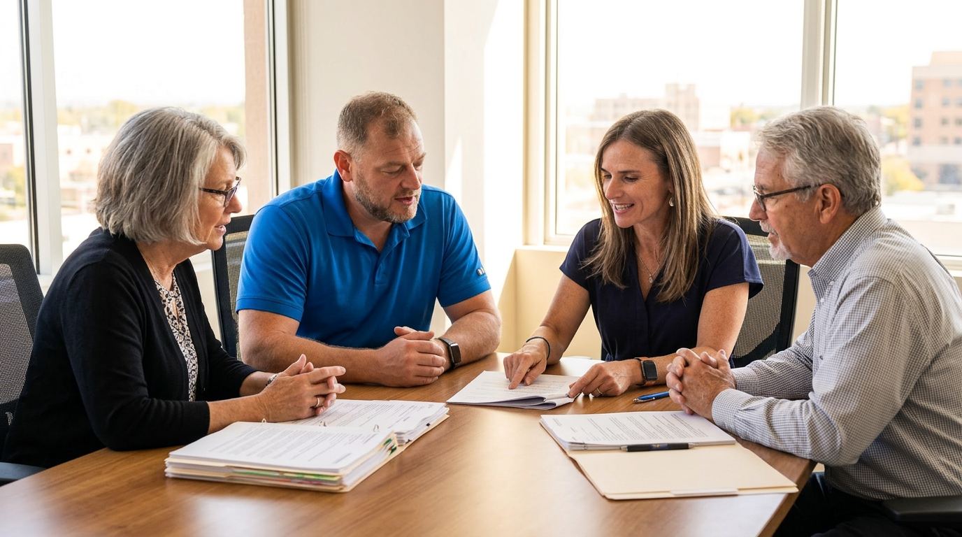 Two senior clients smiling during a meeting with their advisor